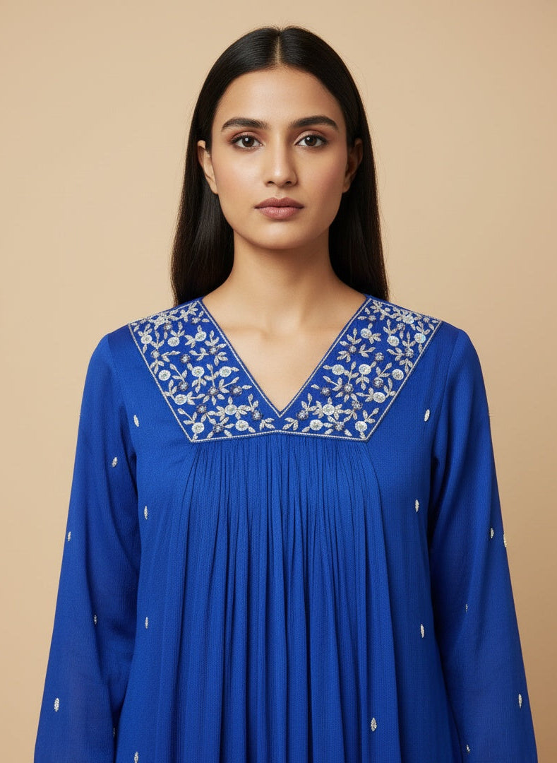 Blue Anarkali with Hand Work & Plain Dupatta