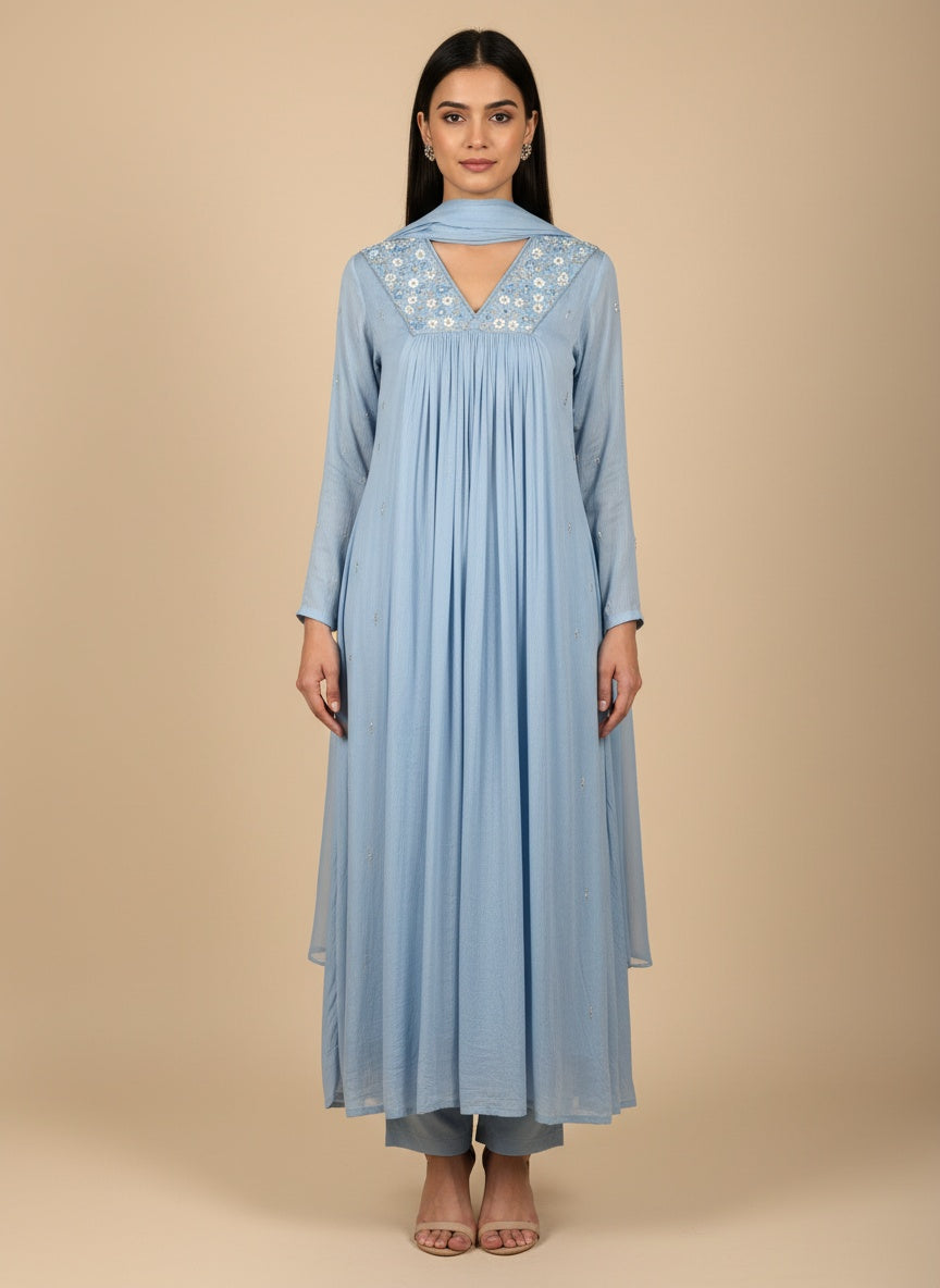 Soft Blue Anarkali with Handwork & Plain Dupatta