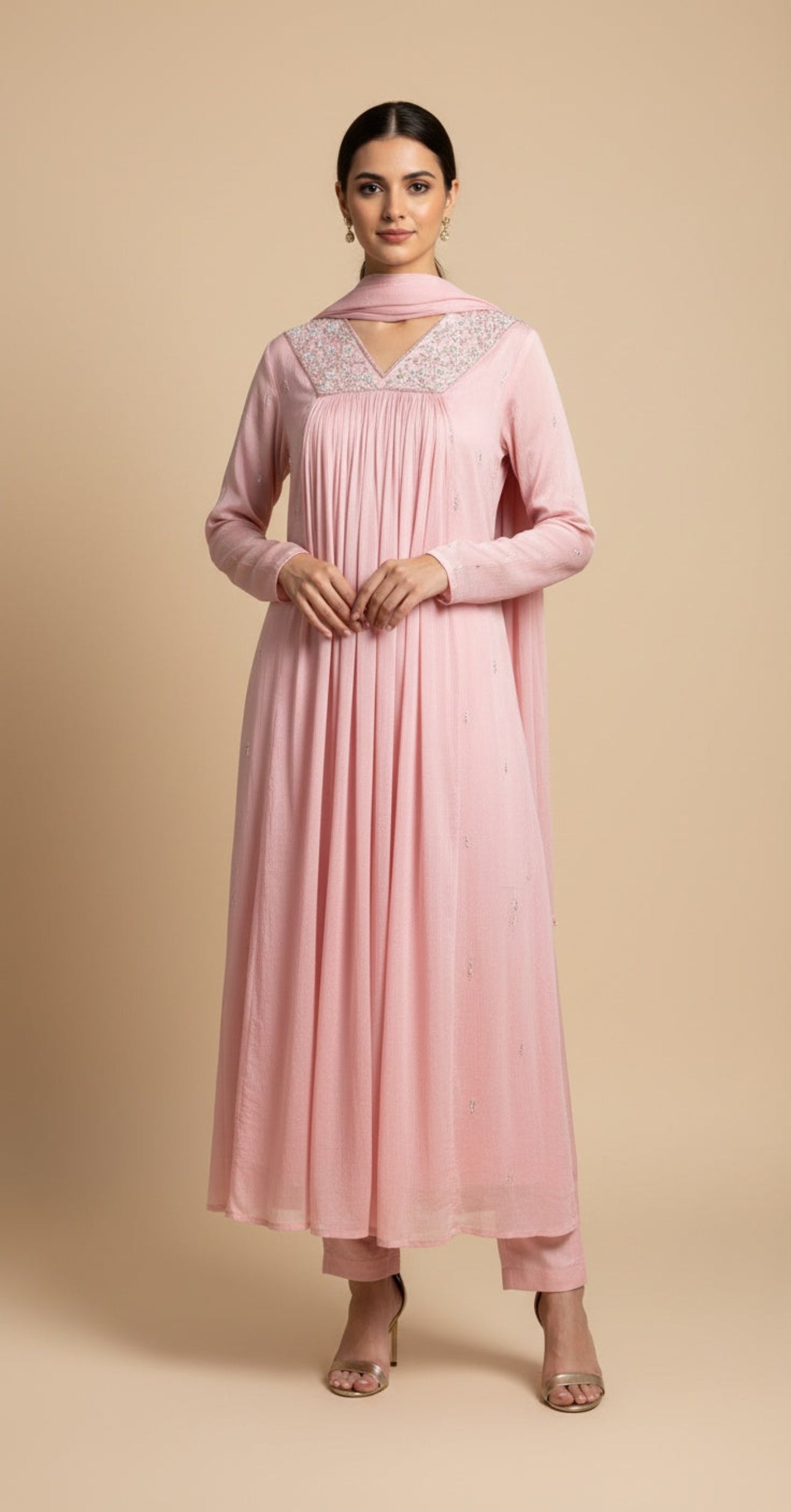 Pink Anarkali with Hand Work & Plain Dupatta
