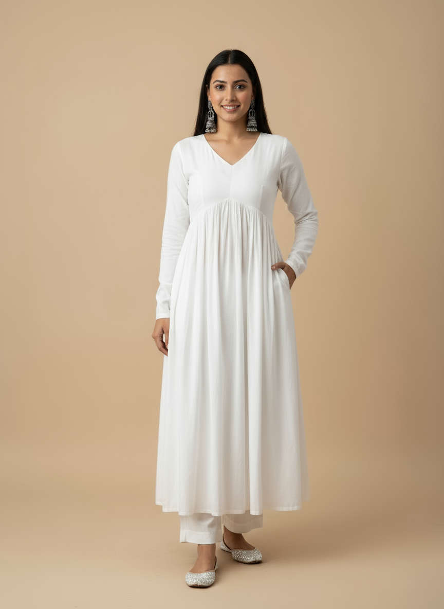 White Rayon Kurtha Set with Pant Pocket