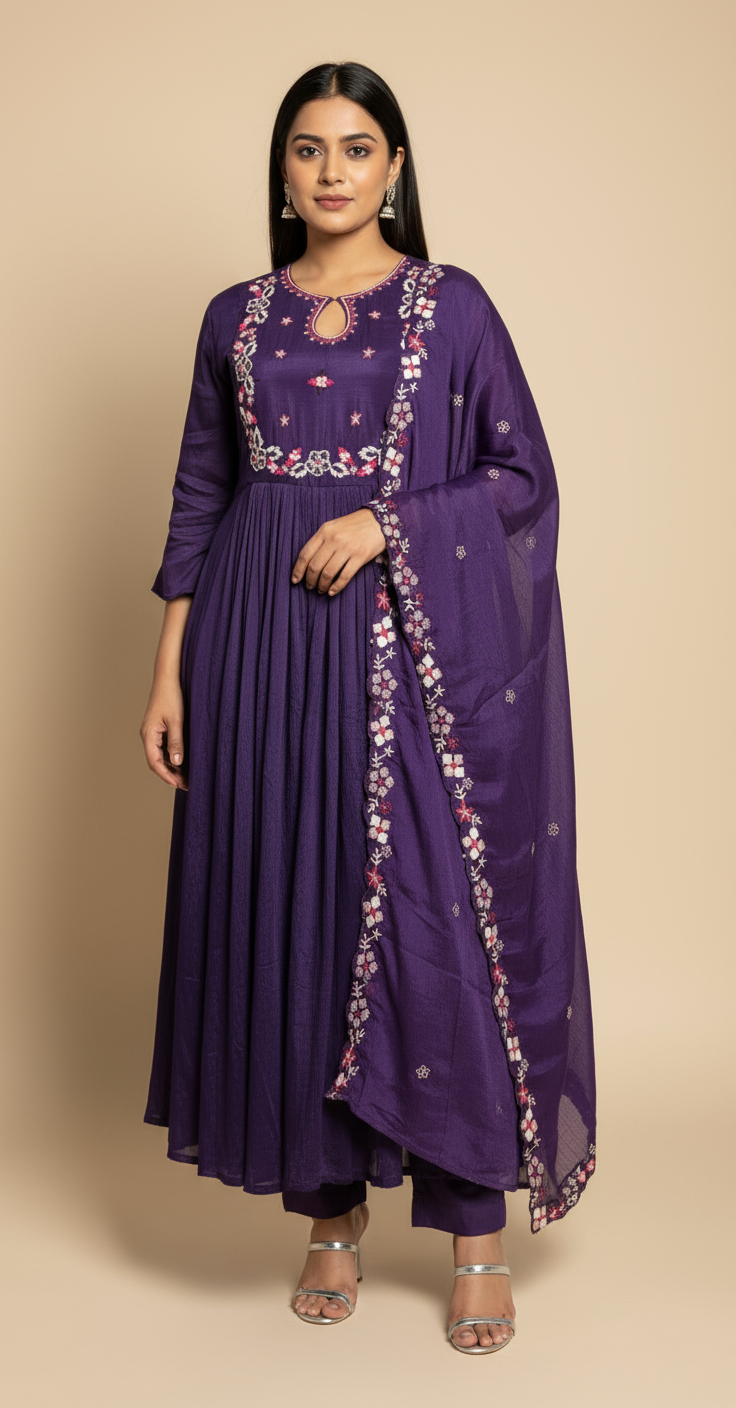 Purple Anarkali with Thread Work