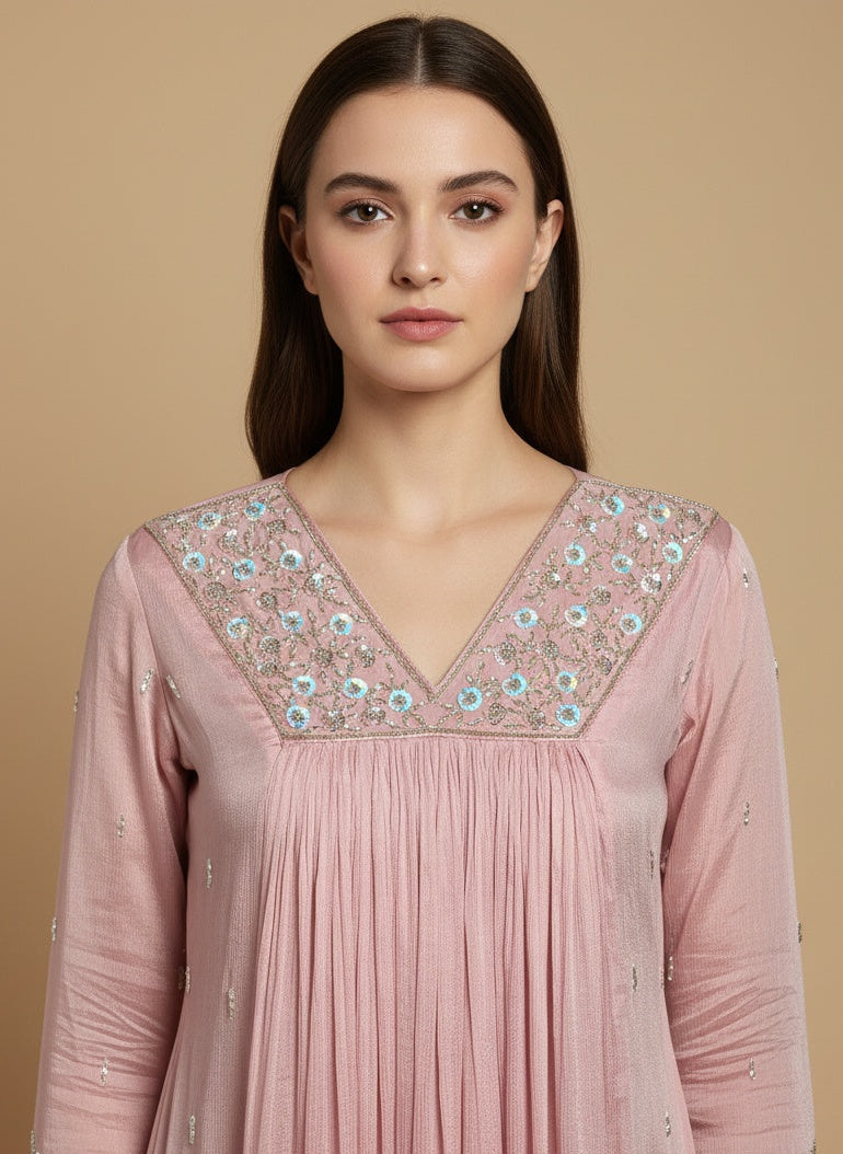 Pink Anarkali with Hand Work & Plain Dupatta