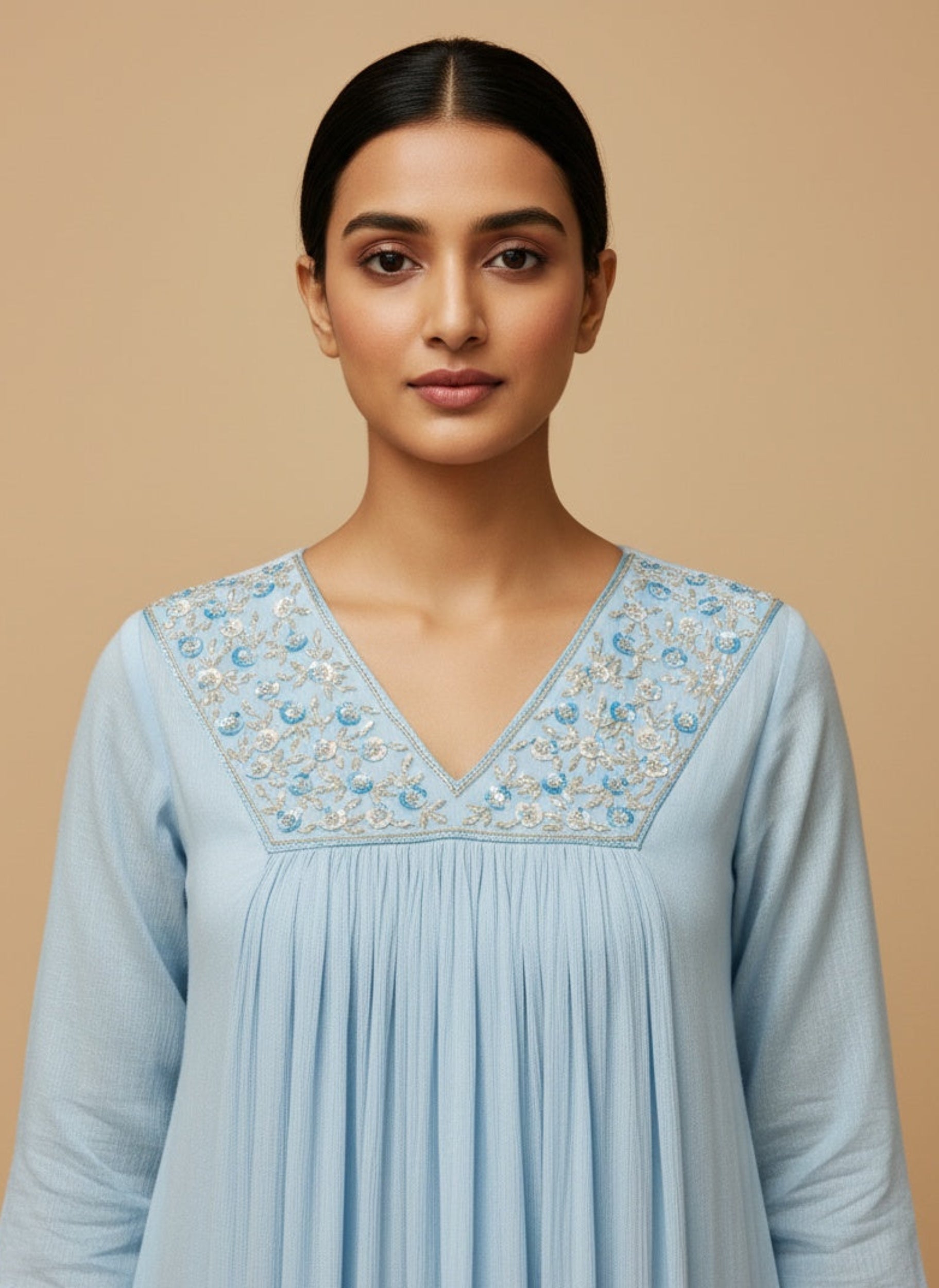 Soft Blue Anarkali with Handwork & Plain Dupatta
