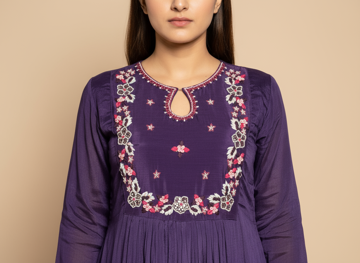 Purple Anarkali with Thread Work