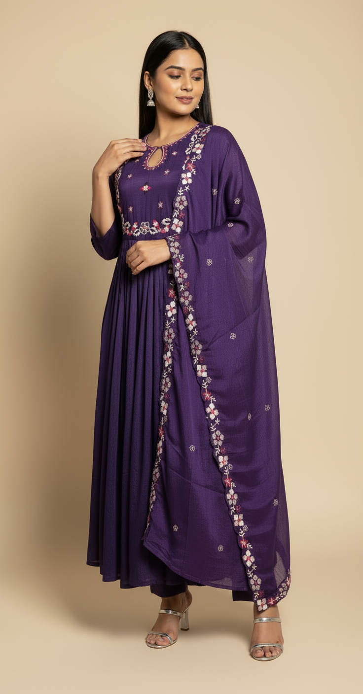 Purple Anarkali with Thread Work