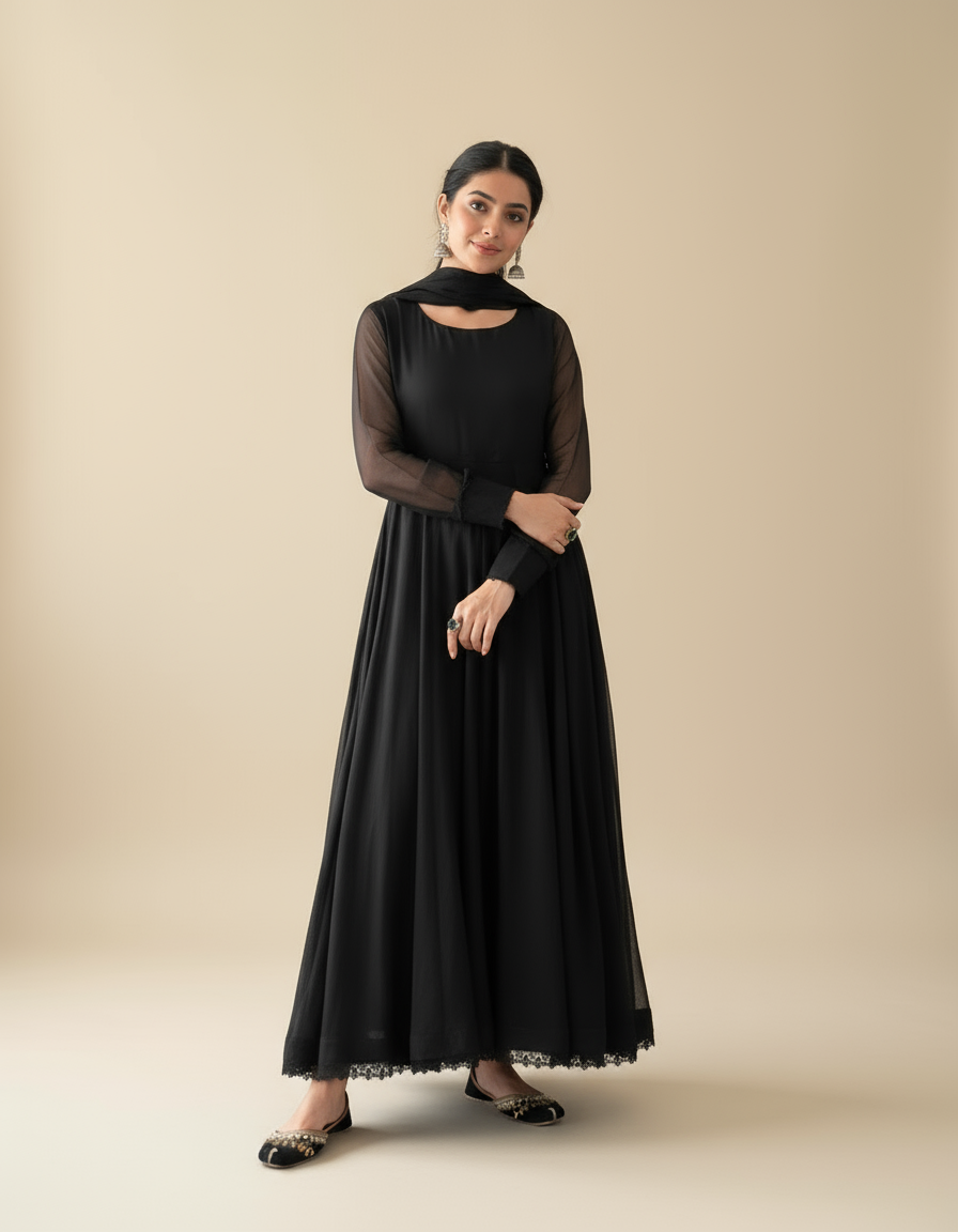Black Georgette Anarkali with Four Side Lace Dupatta