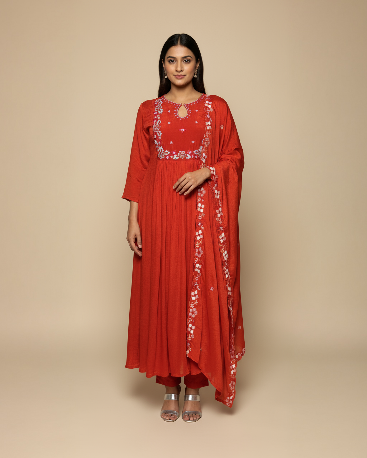 Orange Anarkali with Thread Work