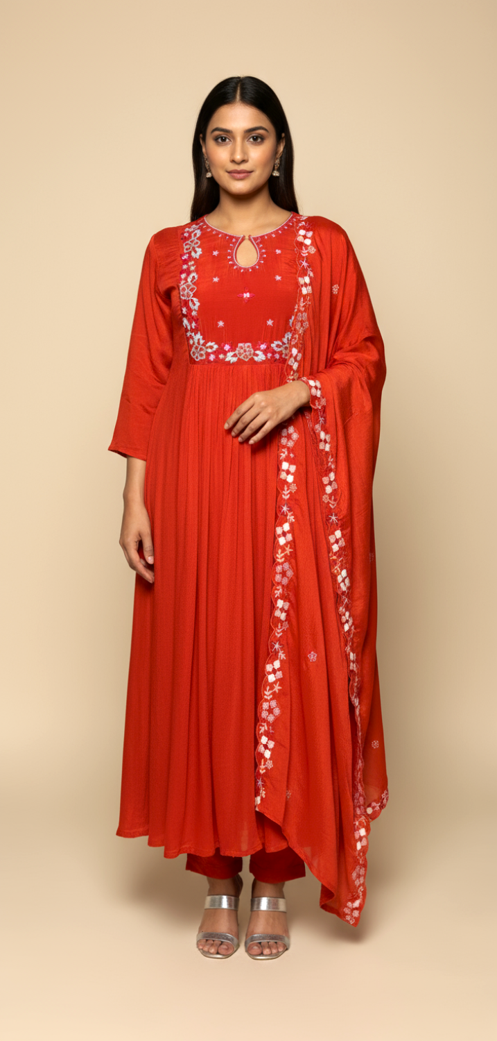 Orange Anarkali with Thread Work