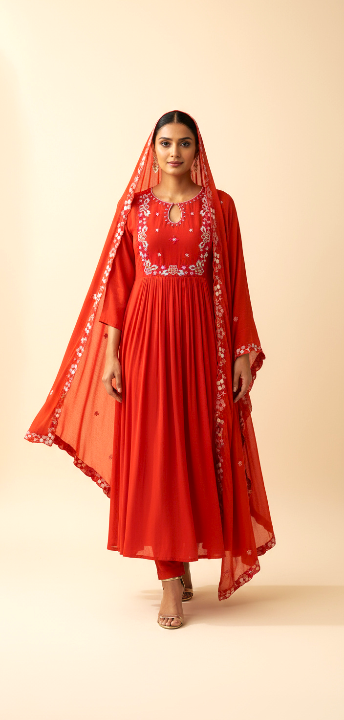 Orange Anarkali with Thread Work
