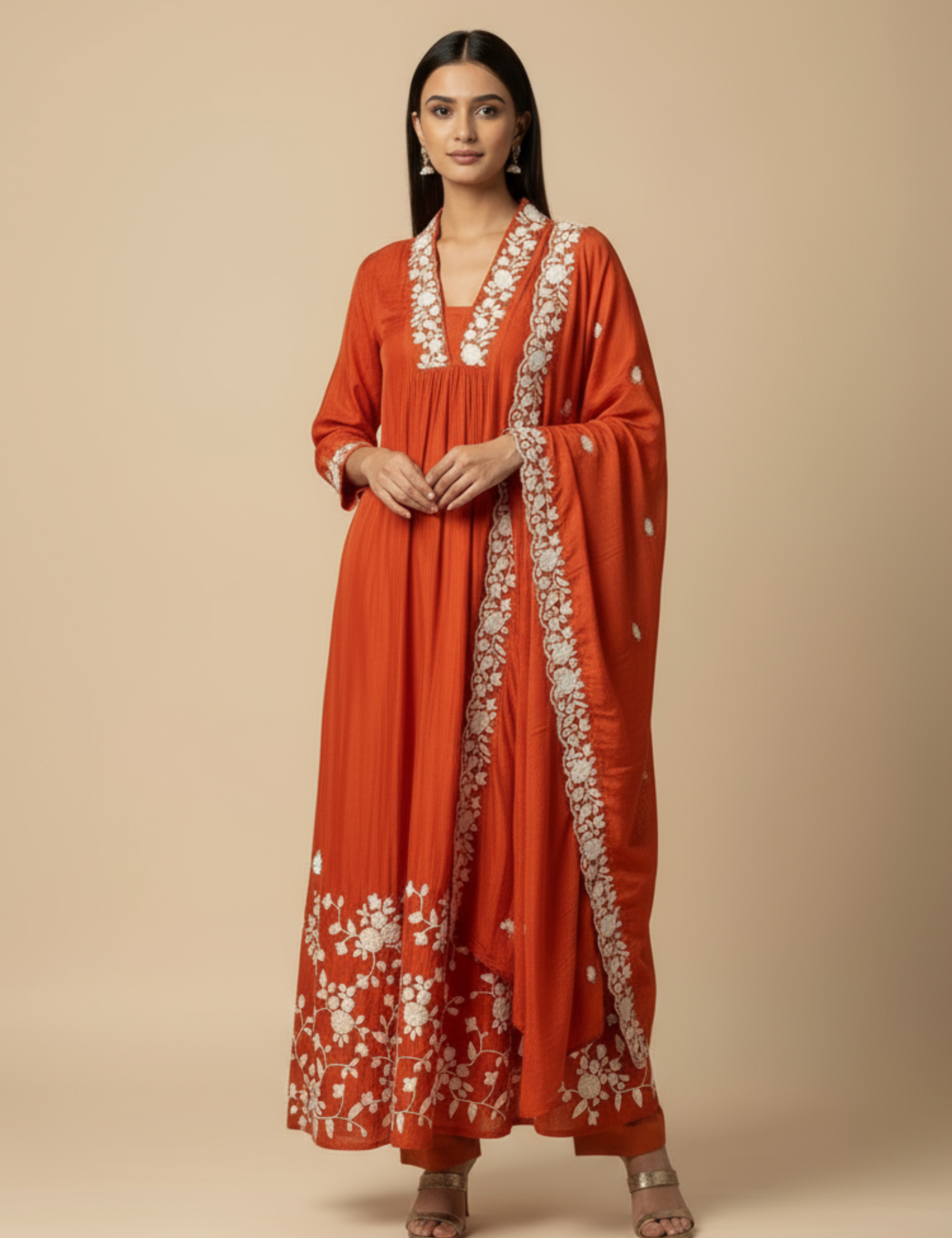 Orange Salwar with a Floral Thread Work