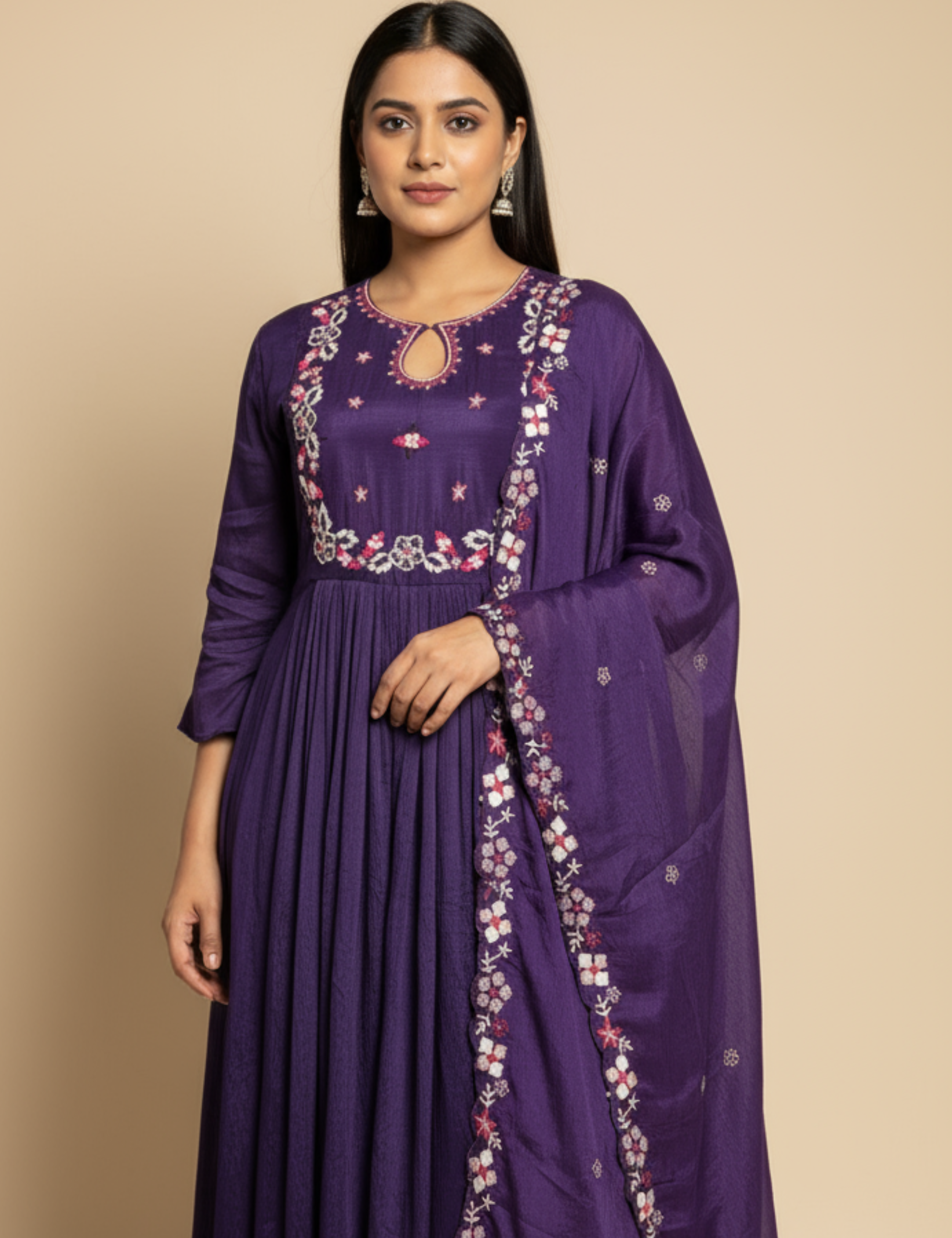 Purple Anarkali with Thread Work