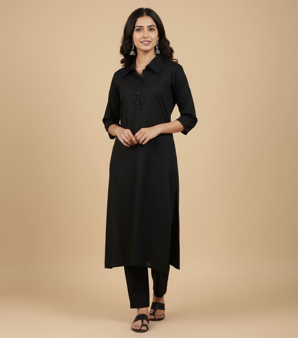 Black Mul Cotton Kurta Set