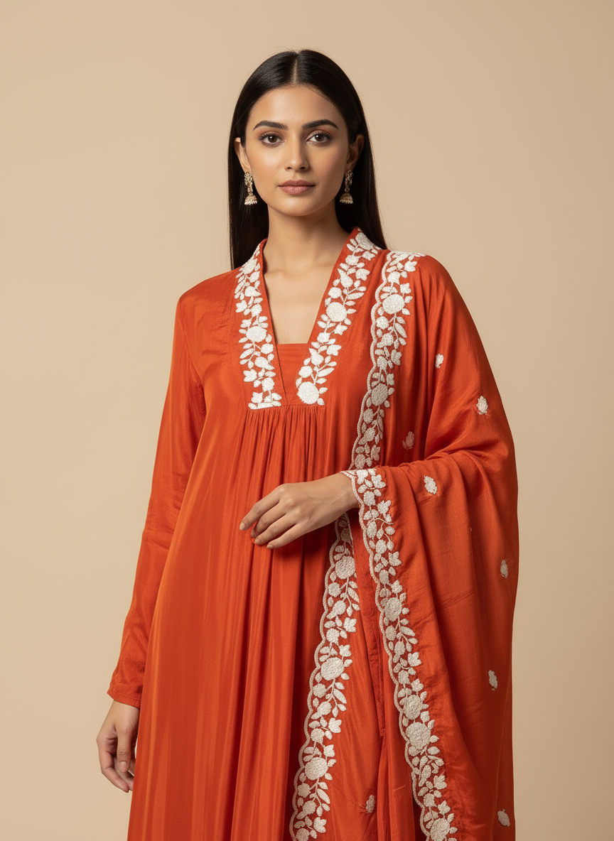 Orange Salwar with a Floral Thread Work