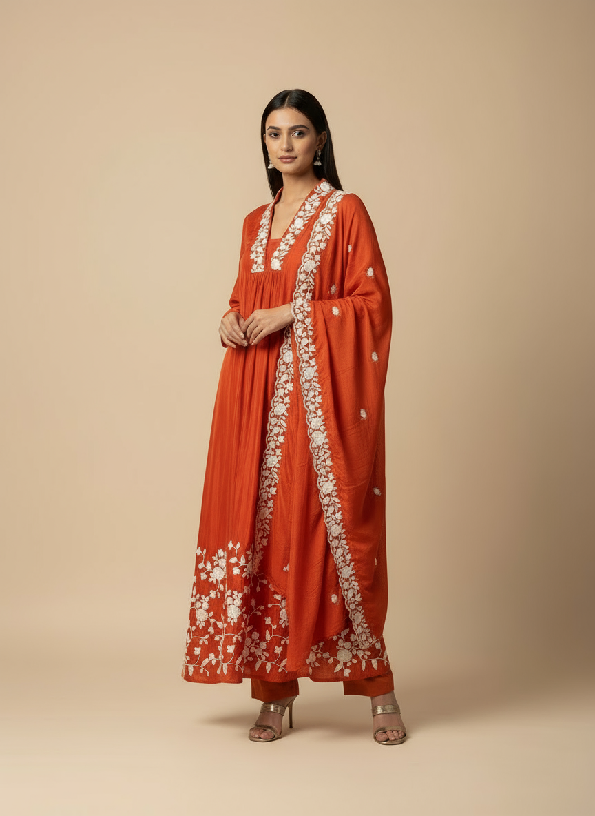 Orange Salwar with a Floral Thread Work