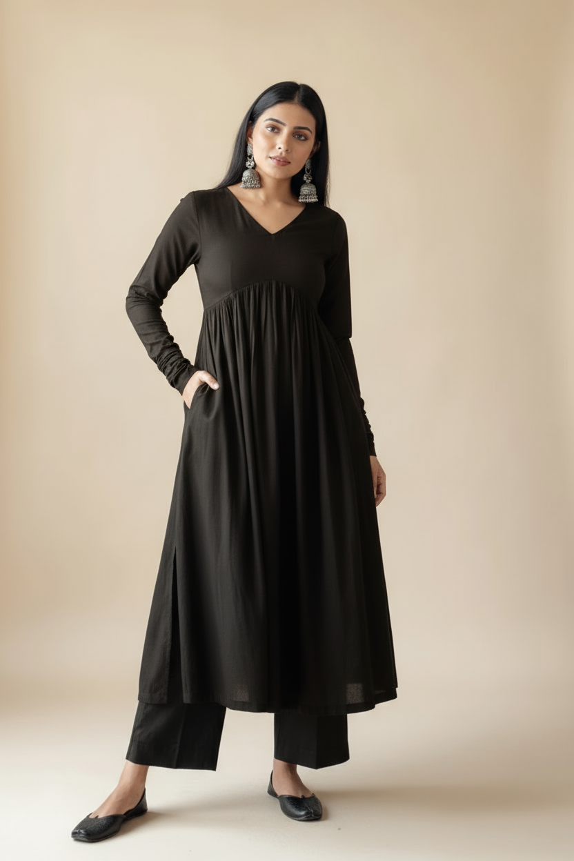 Black Rayon Kurta Set with Pant Pocket