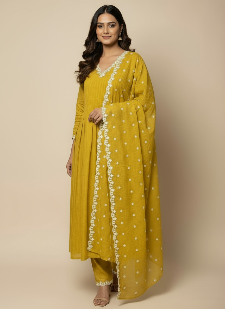 Yellow Mul Chanderi Anarkali