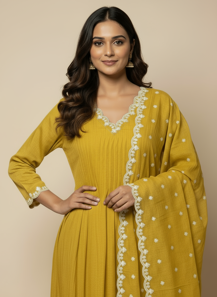Yellow Mul Chanderi Anarkali