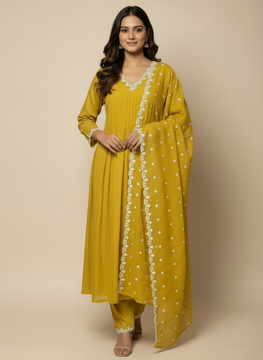 Yellow Mul Chanderi Anarkali