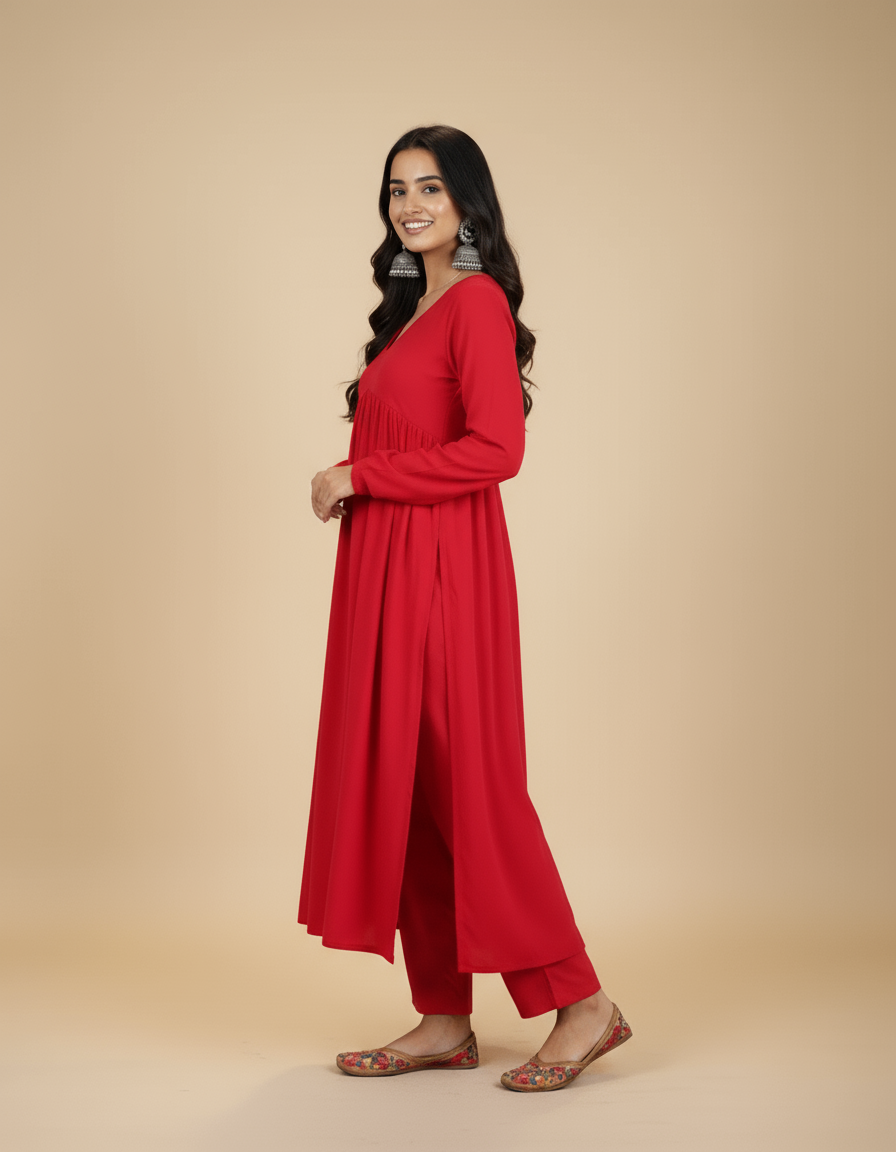Red Rayon Kurtha Set with Pant Pocket