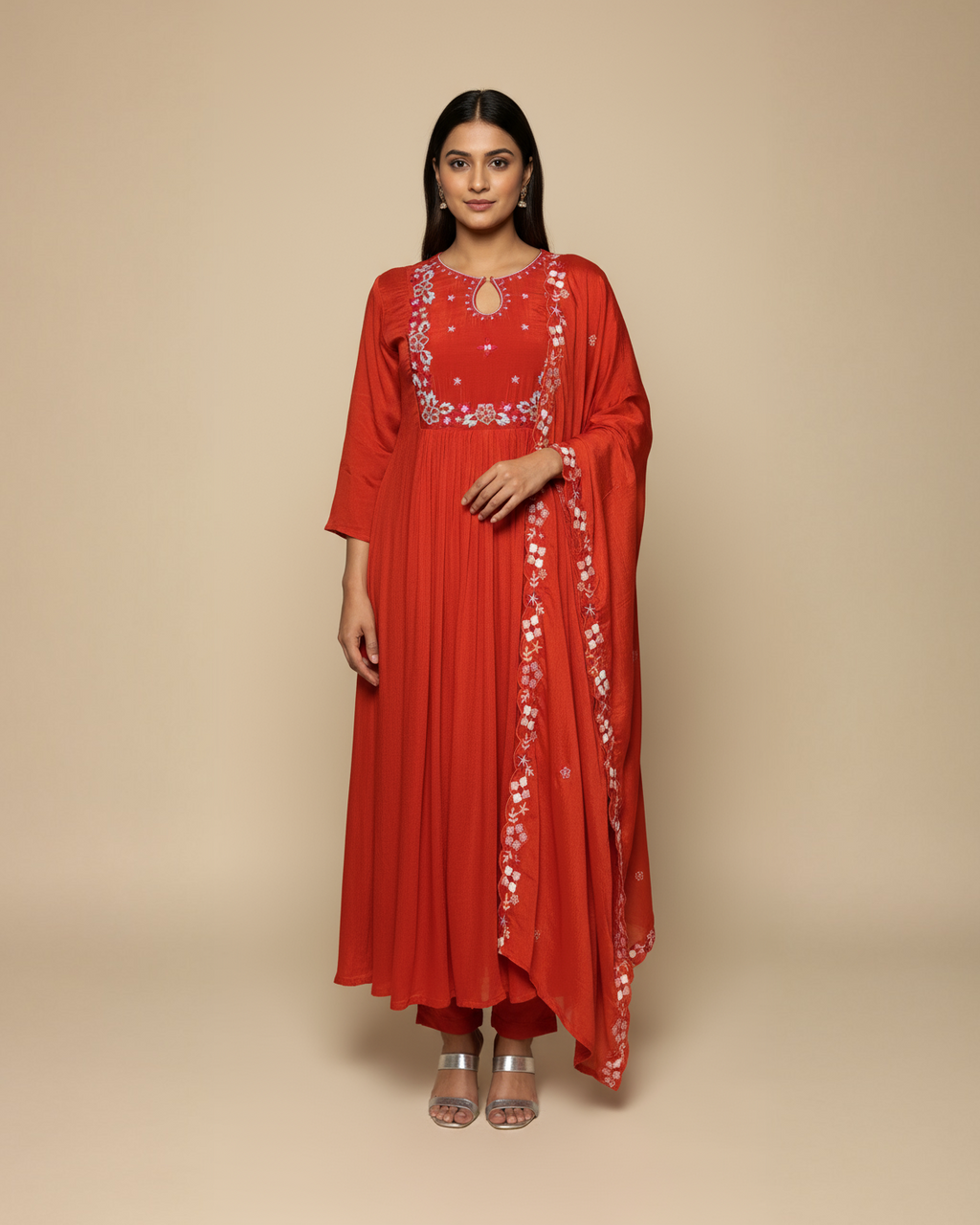 Orange Anarkali with Thread Work