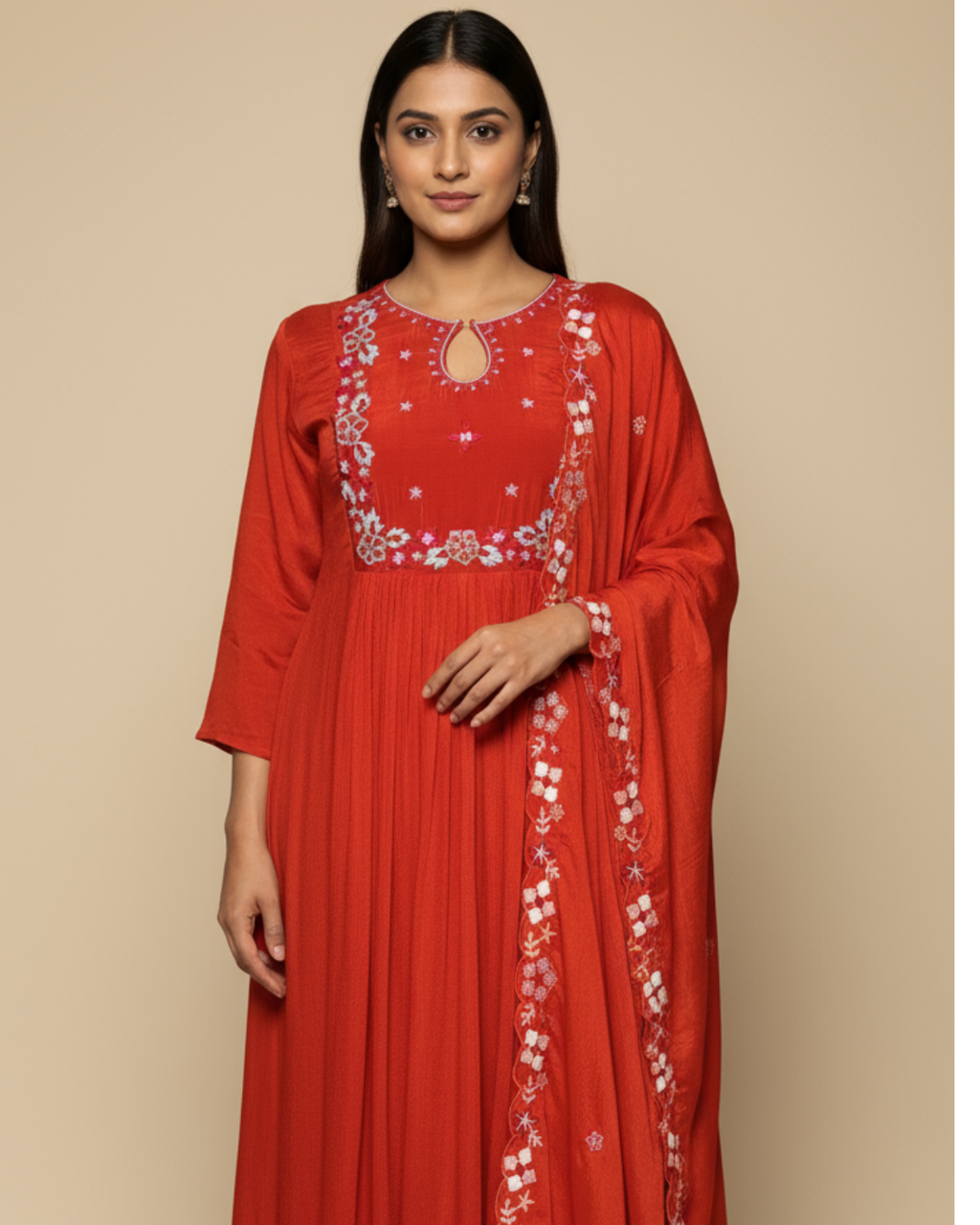 Orange Anarkali with Thread Work