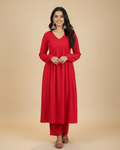 Red Rayon Kurtha Set with Pant Pocket