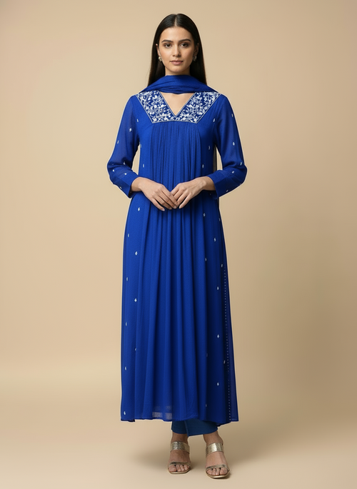 Blue Anarkali with Hand Work & Plain Dupatta